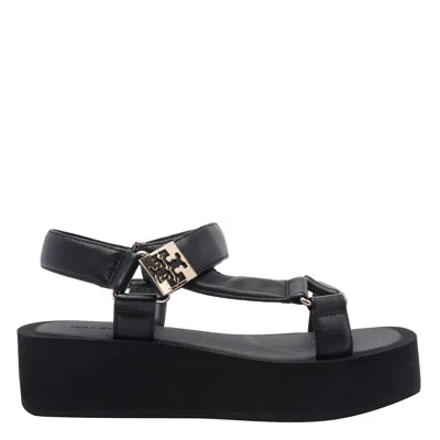 Tory Burch Round Toe Leather Platform Sandals With Ankle Strap In Black