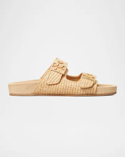 TORY BURCH MELLOW RAFFIA DUAL-BUCKLE SLIDE SANDALS