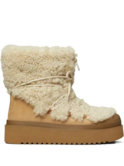 Tory Burch Cozy Shearling Ankle Boots Platform Sole In White