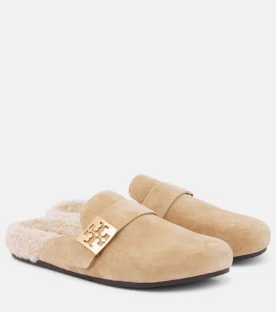 Tory Burch Mellow Shearling-lined Suede Mules In Beige