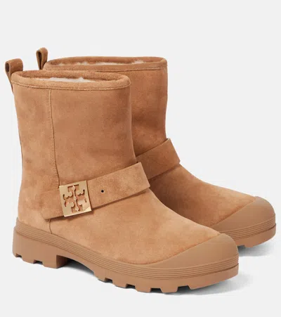 Tory Burch Mellow Shearling-lined Suede Platform Ankle Boots In Brown