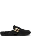 Tory Burch Mellow Logo Plaque Shearling Flat Mules In Black