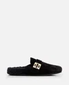 Tory Burch Mellow Logo Plaque Shearling Flat Mules In Black
