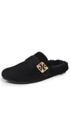 Tory Burch Mellow Logo Plaque Shearling Flat Mules In Black