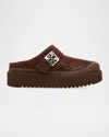 Tory Burch Mellow Shearling Platform T Monogram Mules In Brown