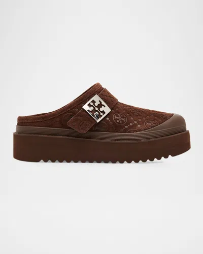 Tory Burch Mellow Shearling Platform T Monogram Mules In Brown