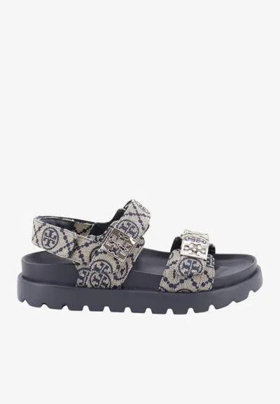 Tory Burch Mellow Sport T Monogram Flat Sandals In Black