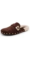 Tory Burch Mellow Stud Shearling Mules Dark Cocoa/taupe In Brown