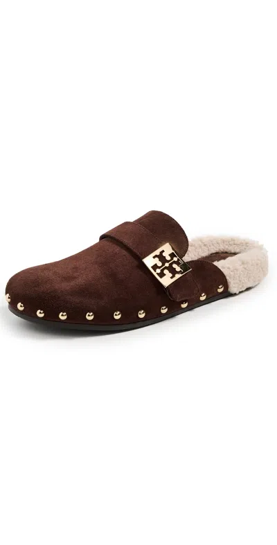 Tory Burch Mellow Stud Shearling Mules Dark Cocoa/taupe In Brown