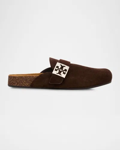 Tory Burch Mellow Suede Buckle Slide Mules In Black