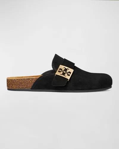 Tory Burch Mellow Black Slip-on Mule With Metallic Logo Buckle In Suede Woman