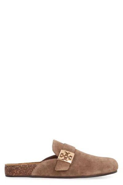 Tory Burch Mellow Beige Slip-on Mule With Metallic Logo Buckle In Suede Woman In Brown