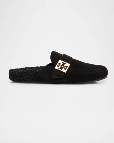 Tory Burch Mellow Suede Shearling Buckle Loafer Mules In Black