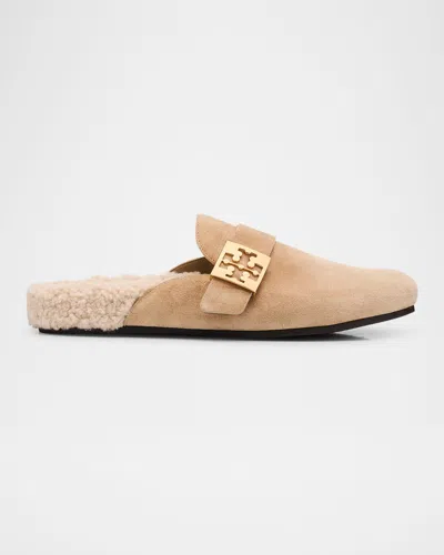 Tory Burch Mellow Suede Shearling Buckle Loafer Mules In Neutral