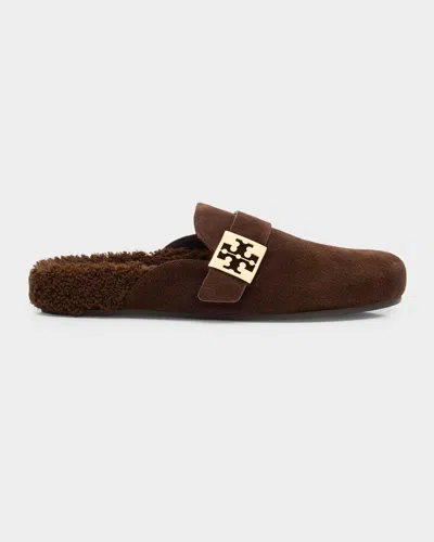 Tory Burch Mellow Suede Shearling Buckle Loafer Mules In Brown