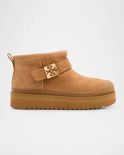 TORY BURCH MELLOW SUEDE SHEARLING BUCKLE PLATFORM BOOTIES