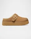 Tory Burch Mellow Suede Shearling Buckle Platform Loafer Mules In Brown