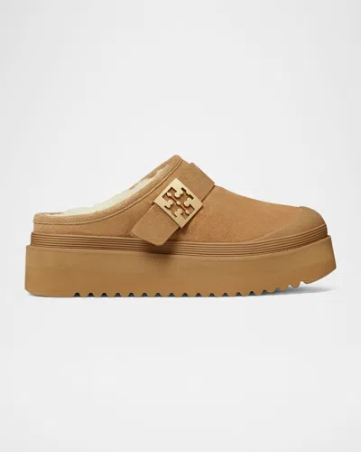 Tory Burch Mellow Suede Shearling Buckle Platform Loafer Mules In Light Chestnut  Gold