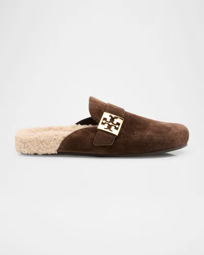 Tory Burch Mellow Suede Shearling Mules In Deep Espresso  Gold