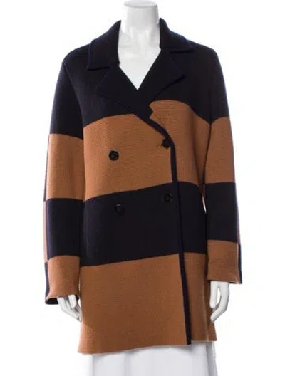Pre-owned Tory Burch Merino Wool Colorblock Pattern Peacoat In Brown