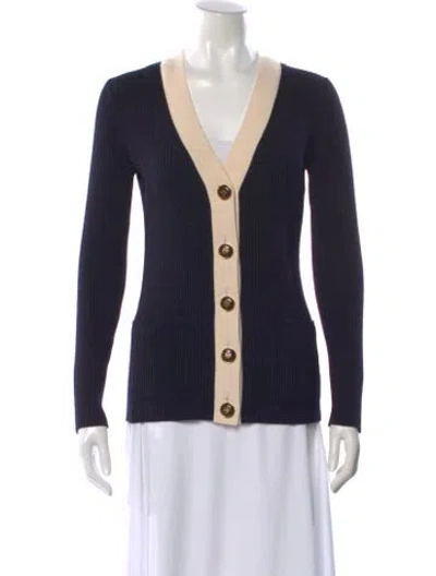 Pre-owned Tory Burch Merino Wool Colorblock Pattern Sweater In Blue