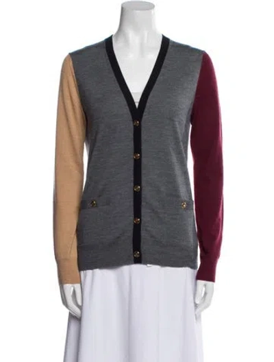 Pre-owned Tory Burch Merino Wool Colorblock Pattern Sweater In Gray