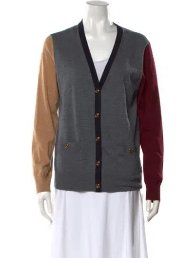 Pre-owned Tory Burch Merino Wool Colorblock Pattern Sweater In Gray