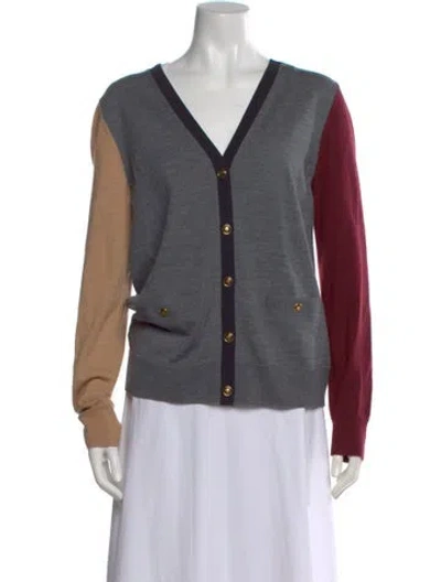 Pre-owned Tory Burch Merino Wool Colorblock Pattern Sweater In Gray