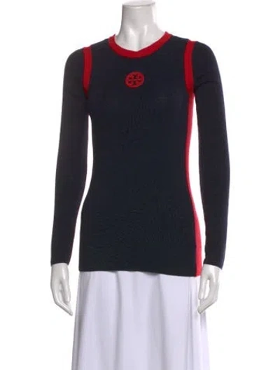 Pre-owned Tory Burch Merino Wool Crew Neck Sweater In Blue