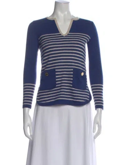 Pre-owned Tory Burch Merino Wool Crew Neck Sweatshirt In Blue