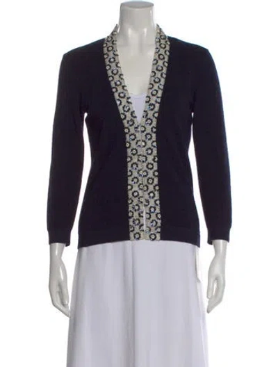 Pre-owned Tory Burch Merino Wool Floral Print Sweater In Black