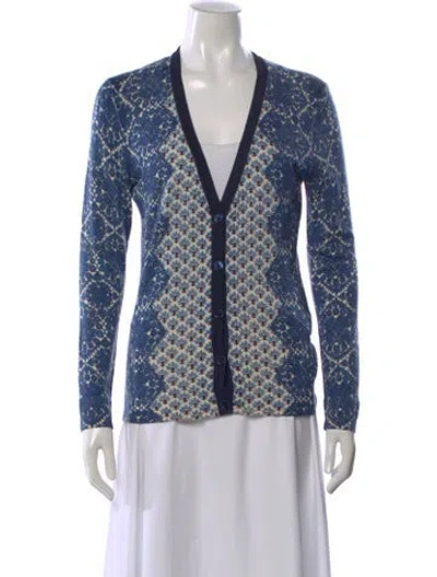 Pre-owned Tory Burch Merino Wool Floral Print Sweater In Blue