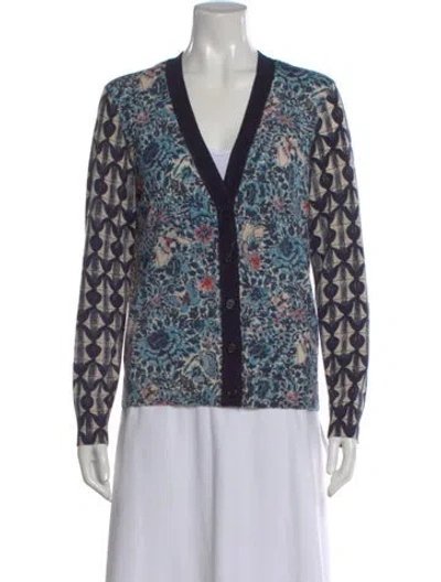 Pre-owned Tory Burch Merino Wool Floral Print Sweater In Blue