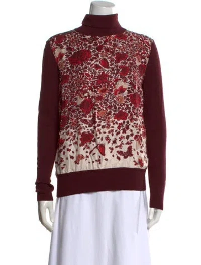 Pre-owned Tory Burch Merino Wool Floral Print Sweater In Burgundy