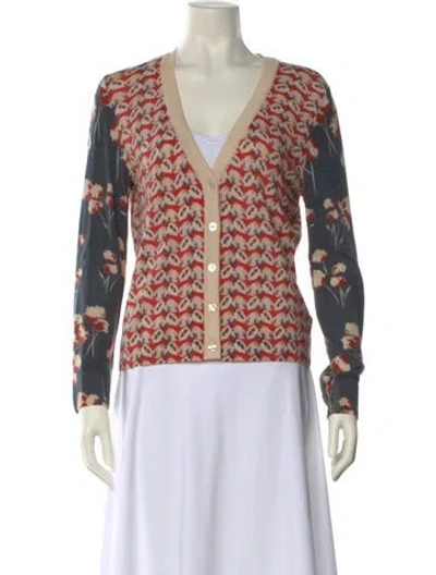 Pre-owned Tory Burch Merino Wool Floral Print Sweater In Red