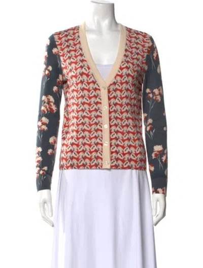 Pre-owned Tory Burch Merino Wool Floral Print Sweater In Red