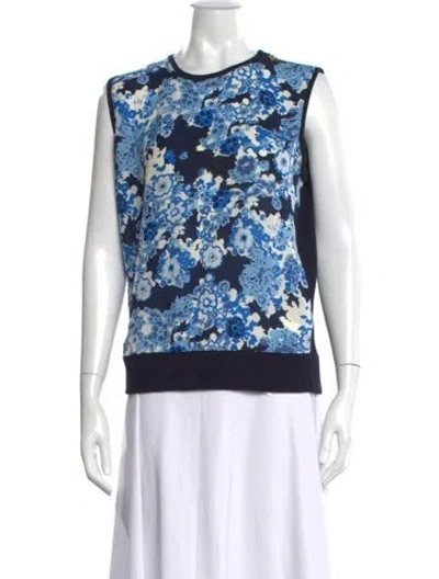 Pre-owned Tory Burch Merino Wool Floral Print Top In Blue