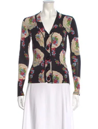 Pre-owned Tory Burch Merino Wool Floral Print Top In White