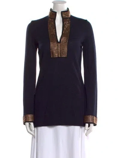 Pre-owned Tory Burch Merino Wool Graphic Print Sweater In Blue