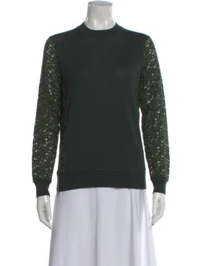 Pre-owned Tory Burch Merino Wool Lace Pattern Sweater In Green