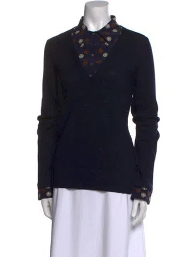 Pre-owned Tory Burch Merino Wool Mock Neck Sweater In Blue