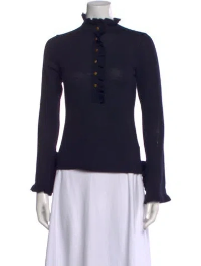 Pre-owned Tory Burch Merino Wool Mock Neck Sweater In Blue