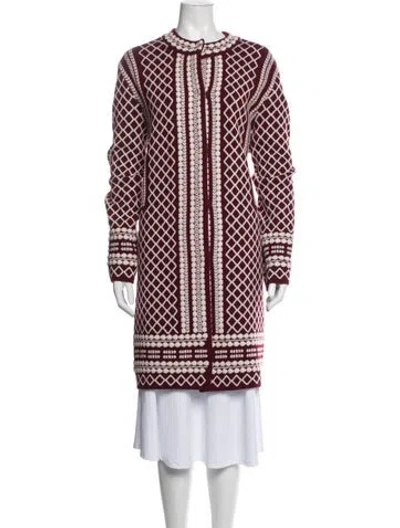 Pre-owned Tory Burch Merino Wool Patterned Coat In Burgundy