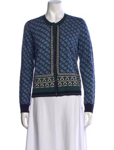 Pre-owned Tory Burch Merino Wool Patterned Sweater In Blue/green