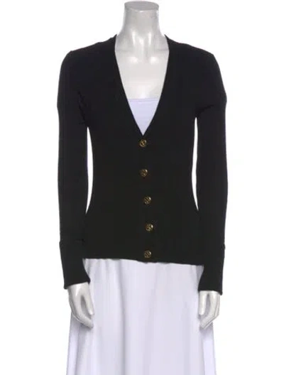 Pre-owned Tory Burch Merino Wool Plunge Neckline Sweater In Black