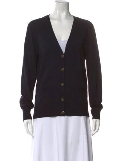 Pre-owned Tory Burch Merino Wool Plunge Neckline Sweater In Black