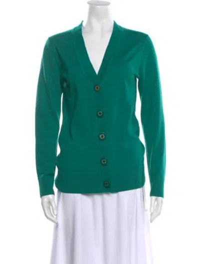 Pre-owned Tory Burch Merino Wool Plunge Neckline Sweater In Green