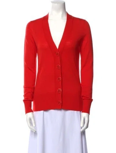 Pre-owned Tory Burch Merino Wool Plunge Neckline Sweater In Red