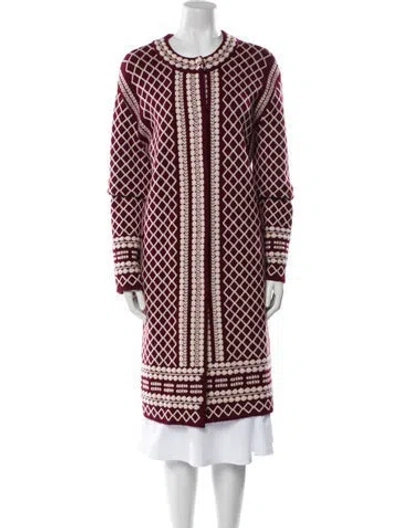 Pre-owned Tory Burch Merino Wool Printed Coat In Burgundy