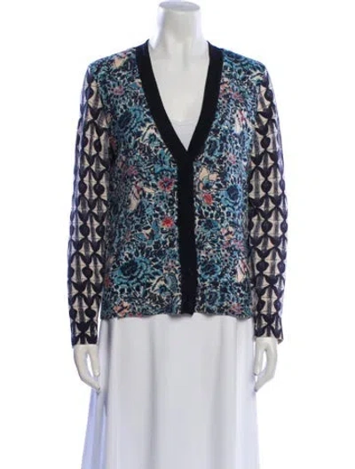 Pre-owned Tory Burch Merino Wool Printed Sweater In Blue